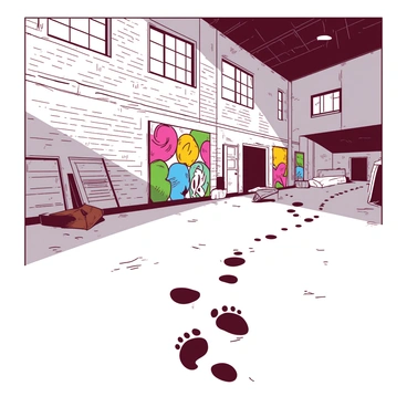 A white graffiti-covered wall in an abandoned warehouse, featuring various colorful urban art designs. In the foreground, there are distinct footprints marked in the dust on the concrete floor, leading toward the wall. The footprints are large and slightly faded, contrasting against the vibrant colors of the graffiti. The warehouse has broken windows allowing beams of light to shine through, illuminating the scene subtly. Rusty metal debris and pieces of wood scattered around enhance the abandoned atmosphere.