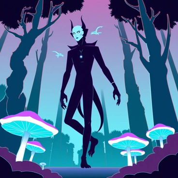 A tall, shadowy Nosferatu figure with elongated limbs and sharp features is wandering through an enchanted forest. The forest is filled with trees that have twisting trunks and branches, creating a dense canopy overhead. Vibrant plants with bioluminescent features emit a soft glow, illuminating the surroundings in a mix of blues and greens. The ground is carpeted with luminescent mushrooms that reflect the eerie light. The Nosferatu is glancing around cautiously, with its pale skin contrasting sharply against the vibrant colors of the glowing flora. Small, ethereal creatures can be seen flitting about, adding to the magical atmosphere of the scene.