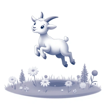 A baby goat jumping joyfully in a sunny meadow surrounded by flowers.