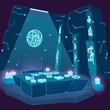 A dimly lit chamber with flickering candles casting soft shadows across the room. The walls are adorned with intricate, glowing symbols that pulse with a faint light. The floor is covered in a dark, textured stone, adding to the atmosphere. In the center of the chamber, there is a low stone altar with an assortment of mysterious artifacts arranged neatly on it. The air is thick with a sense of mystery, as if secrets are hidden within the depths of the room.