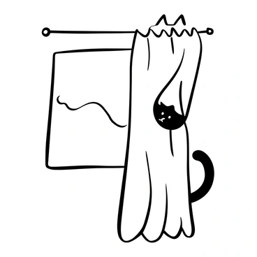 An outline of a "curious cat" with arched back and perked ears is positioned peeking out from behind a "curtain." The "curtain" is depicted as flowing and draped, with folds that create depth. The background features an abstract shape suggesting a window frame, providing context to the scene. The cat's tail is visible, curled in an inquisitive manner, adding to the playful atmosphere of the composition.