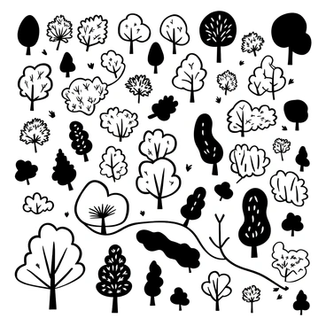 A bird's-eye view of a forest canopy, showcasing a patchwork of various tree types with distinct foliage shapes and textures. Some trees have broad leaves while others display needle-like foliage. The canopy is dotted with clusters of vibrant vegetation, creating a contrast between dense areas and sparser patches. Small clearings within the canopy reveal glimpses of the forest floor below, adding depth to the scene. The overall composition conveys the intricate layout and diversity of the forest environment.