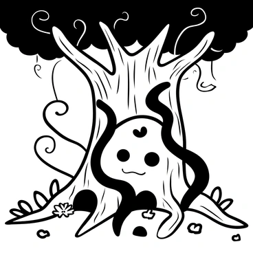 A Spiritomb appears, partially obscured by swirling shadows, nestled among the gnarled roots of an ancient tree. The tree's bark is rugged and cracked, with winding vines wrapping around its trunk. Dark mist billows around the Spiritomb, creating an eerie atmosphere that complements the forest's dense foliage. Silhouettes of twisted branches loom overhead, while scattered leaves form a carpet on the forest floor. The scene conveys a sense of mystery and ancient magic in the depths of the woods.