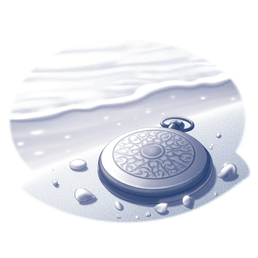 A locket partially submerged in the sand, glistening under bright sunlight. The design features intricate patterns on its surface. The surrounding sand has small grains and shells scattered about. In the background, gentle waves roll onto the shore, creating a rhythmic pattern as they break. The scene captures a sense of tranquility, with the sun illuminating the locket.