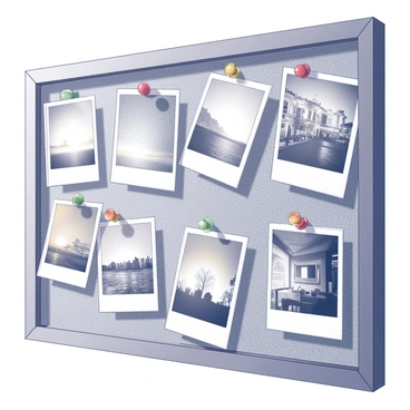 A corkboard filled with a variety of polaroid photos. Each photo features different scenes, such as a beach sunset, a bustling city street, and a cozy cafe setting. The edges of the polaroids are slightly curled, indicating their age. Several colorful pins hold the photos in place, with some overlapping others. The corkboard itself has a textured surface, showing wear and tear over time, and is framed with a simple wooden border.