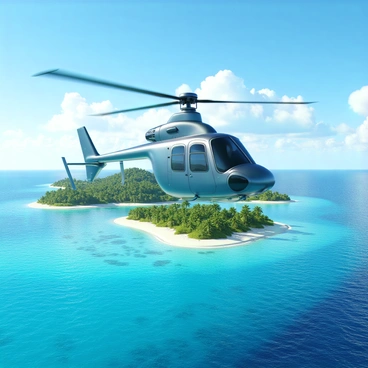 A sleek, private helicopter with a glossy, silver exterior is soaring high above a vibrant turquoise ocean. The helicopter has four blades rotating rapidly on top and large glass windows reflecting the sunlight. Below, the ocean glistens under the bright sun, revealing subtle waves and hints of coral reefs beneath the surface. In the distance, a secluded tropical island emerges, characterized by lush green palm trees and white sandy beaches. The island is surrounded by clear waters, with gentle waves lapping at the shore. The sky is a brilliant blue, dotted with a few fluffy white clouds, adding to the picturesque scenery.