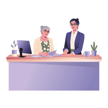 A friendly banker, a middle-aged woman with short black hair and glasses, is standing behind a modern banking counter. She is wearing a navy blue blazer and a white blouse. The elderly lady, an elderly woman with gray hair in a bun, is sitting in front of the counter. She is wearing a floral dress and a light cardigan. The banker is smiling warmly as she assists the elderly lady, who is holding a stack of papers and looking attentive. Bright office lighting illuminates the space, and there are various banking materials and a potted plant on the counter.