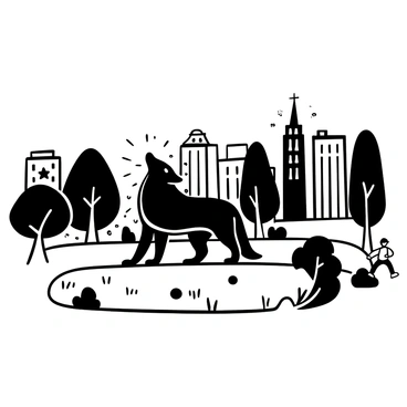 A wolf standing on a grassy patch in a small park. The wolf is positioned in profile, with its head raised as it howls. Surrounding the wolf are a few scattered trees and bushes, adding to the natural setting. In the background, a busy city skyline is visible with various tall buildings. The contrast between the natural park and the urban environment is evident. A few people can be seen walking on a path nearby, creating a sense of activity in the city.