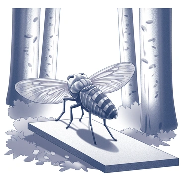 A cicada stands prominently on a wooden runway. Its body is adorned with intricate patterns and textures, showcasing the details of its exoskeleton. The cicada's wings are spread wide, displaying elaborate designs that suggest a vibrant and colorful appearance. Surrounding the runway, tall trees with thick trunks provide a natural backdrop, while scattered leaves and underbrush frame the scene. Sunlight filters through the canopy, casting dappled shadows on the ground and highlighting the cicada as it poses confidently in the forest setting.