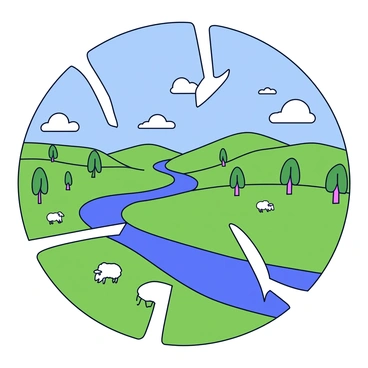A pastoral landscape with rolling green hills under a bright blue sky. The scene features a small, winding river reflecting the colors of the sky. There are clusters of trees scattered throughout the landscape, with a few sheep grazing in the foreground. The entire image has a fractured effect, resembling a cracked and fragmented mirror, creating an illusion of distortion across the fields and sky.