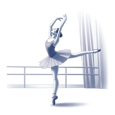 A ballet dancer is captured in mid-pose on a stage. The dancer is wearing a classic ballet tutu and pointe shoes. Her arms are elegantly raised above her head, and her body is arched gracefully as she executes a perfect pirouette. The stage is adorned with subtle decorations that enhance the atmosphere. Soft lighting creates gentle shadows across the dancer's form, highlighting the fluidity and precision of her movements. The background features a faint silhouette of theater curtains, adding depth to the scene.