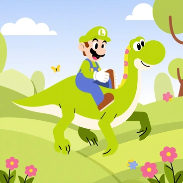 Luigi wearing his signature green hat and blue overalls rides joyfully on the back of Yoshi, a vibrant green dinosaur with a long tongue. They traverse a lush, green landscape filled with rolling hills and colorful flowers. The sky is bright blue with fluffy white clouds, and a few butterflies flutter around them. In the distance, there are tall trees providing shade, enhancing the cheerful atmosphere of their adventure.