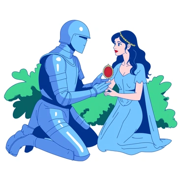 A blue knight in polished armor is kneeling on one knee before a lady. The knight holds out a red ornate brooch, symbolizing loyalty, with intricate details glimmering in the light. The lady, dressed in an elegant flowing gown, gazes down at the knight with a warm expression. Her gown features delicate patterns, and she has a golden circlet resting on her head. In the background, lush greenery frames the scene, enhancing the connection between them. The atmosphere conveys a moment of honor and devotion.