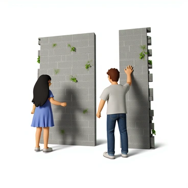 Two people are standing on opposite sides of a tall, imposing wall that is made of rough, gray bricks. The wall appears solid and impenetrable, with vines creeping up its sides, hinting at the passage of time. One person is a woman with long, flowing black hair, wearing a blue dress that sways gently in the breeze. She has a look of frustration on her face as she reaches out towards the wall. The other person is a man with short, tousled brown hair, dressed in a white shirt and jeans. He stands with his hands pressed against the wall, looking intently at the woman. The scene captures their expressions of longing and determination, while the wall symbolizes the barrier between them. Soft, diffused light casts shadows, enhancing the emotional tension in the image.
