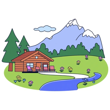 A small wooden cabin nestled among tall pine trees in the mountains. The cabin has a sloped roof and a front porch with two rocking chairs. Smoke gently rises from the chimney, indicating a warm fire inside. In the foreground, there are colorful wildflowers blooming, and a small path leads up to the cabin from a clear blue stream nearby. The mountains in the background are rugged with patches of green grass and rocky outcrops. The sky is clear with a few fluffy clouds.