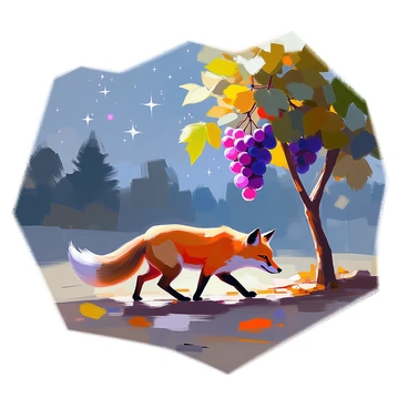 A nighttime scene showcasing a "fox" with a bushy tail and vivid orange fur, moving quietly on the ground. The fox is positioned near a "grapevine" laden with clusters of glossy purple grapes. The "starlit skies" are filled with a multitude of shimmering stars, casting a soft glow on the landscape. The ground is scattered with leaves and twigs, enhancing the natural setting. In the background, silhouettes of trees can be seen against the night sky, adding depth to the scene. The overall atmosphere is tranquil, with the focus on the fox's stealthy movement toward the grapes.