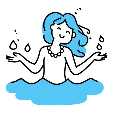 A woman with flowing blue hair, representing an ocean goddess, is emerging from the waves. Her hair cascades around her shoulders, resembling the currents of the sea. She is adorned with shimmering sea-themed jewelry, with shells and pearls reflecting light. Her arms are outstretched as water droplets fall from her fingertips, creating ripples in the surrounding ocean. The waves are depicted crashing around her, emphasizing her connection to the water.