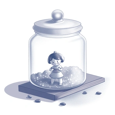 A tiny onathappan figure is enclosed within a clear glass jar. The figure is crafted with intricate details, showcasing delicate features and traditional clothing. The jar is placed on a wooden surface, surrounded by small scattered pebbles and glimmering dust that reflects light. The jar's lid is slightly ajar, suggesting a sense of openness and wonder. Soft shadows cast by the jar create a magical atmosphere around the scene, emphasizing the enchanting nature of the keepsake.
