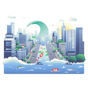 A vast cityscape is depicted with towering skyscrapers and a network of streets partially submerged in water due to a tsunami. The water's surface reflects the gray and blue hues of the sky, with waves crashing against the sides of buildings. Some cars are seen floating on the streets, and debris is scattered throughout the scene. In the distance, a large wave is towering over the skyline, creating a sense of impending danger. Sparse clouds linger in the sky, with a hint of sunlight breaking through, casting a soft glow over the chaotic scene.