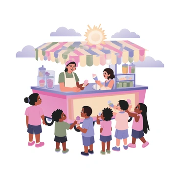 A digital flat illustration featuring an ice cream vendor at a vibrant, colorful cart. The cart is decorated with bright flags and various ice cream flavors displayed in glass containers. The vendor, a cheerful person with light skin and a white apron, is handing an ice cream cone to an excited child. The child has dark skin and curly hair, wearing a blue t-shirt and shorts. Surrounding them, there are several other children, each dressed in summer clothing, eagerly waiting in line. The scene is set under a clear blue sky with a few fluffy clouds, and a sun with rays shining down, representing a warm summer day.