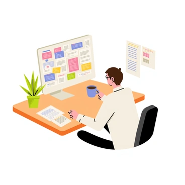 An office worker with short brown hair is sitting at a wooden desk. The worker is wearing a white shirt and glasses, looking intently at a computer screen. The screen is filled with a chaotic array of colorful email headers and icons, some marked with red exclamation points. Papers are scattered around the desk, and a cup of coffee sits nearby. A potted green plant adds a touch of color to the workspace. The overall scene captures the intensity and confusion of a busy office environment.