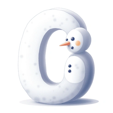A snowman shaped like the number "0." It features a smooth, rounded body made of compacted snow. The snowman's face includes a bright orange carrot positioned as a nose. There are two round black buttons serving as eyes, each placed symmetrically on the snowman's head. The snowman stands upright, showcasing its unique shape in a winter landscape.
