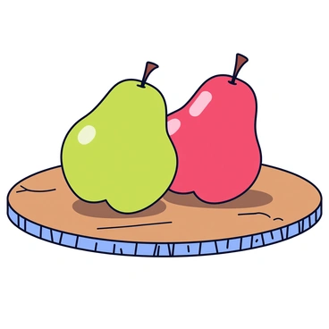 Two pears are positioned on a rustic wooden table. One pear is bright green, while the other is a deep red. The wooden table has visible grain patterns and a weathered texture, enhancing its rustic appearance. The pears are placed side by side, with soft shadows cast beneath them, emphasizing their shapes and colors.