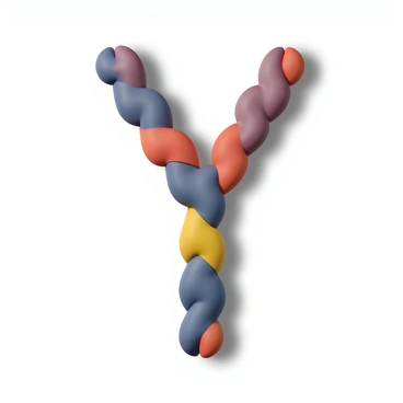 A highly detailed 3D render of an antibody with a distinct Y-shaped structure. The two upper arms of the Y feature variable regions, illustrating the binding sites for antigens. Each arm is composed of intricate protein folds, showcasing a rich array of colors to represent different amino acid sequences. The base of the Y is broader and includes a constant region, providing stability to the overall structure. The antibody is displayed against a neutral background, emphasizing the complexity of its molecular architecture. Fine details of the molecular surface textures are visible, highlighting the intricacies of the antibody's design.