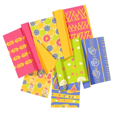 A collection of vibrant African textile patterns featuring bold colors and intricate geometric designs. The patterns include zigzags, triangles, and circles in bright hues of red, yellow, green, and blue. Each piece of fabric is draped elegantly, showcasing the richness of the designs, with some patterns overlapping to create a colorful collage. The textures of the textiles are visible, highlighting the craftsmanship involved in their creation.