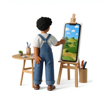 An artist with light brown skin and curly hair is standing in front of a 3D phone. The phone is sleek and has a vibrant display. The artist is holding a stylus in their right hand, skillfully painting a colorful landscape scene on the phone's screen. The landscape features rolling hills, a bright blue sky, and fluffy white clouds. The artist is wearing a loose-fitting white shirt and denim overalls, with a palette of colors resting on a nearby wooden table. In the background, there are hints of an art studio with various art supplies scattered around.