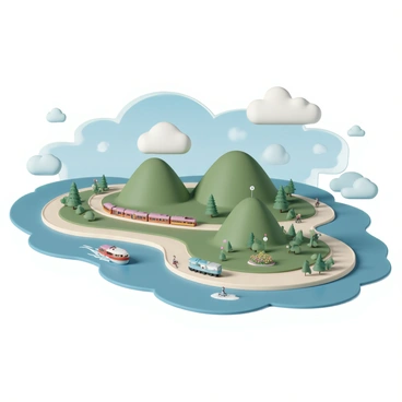 A map-style illustration showing various modes of transportation across different landscapes.