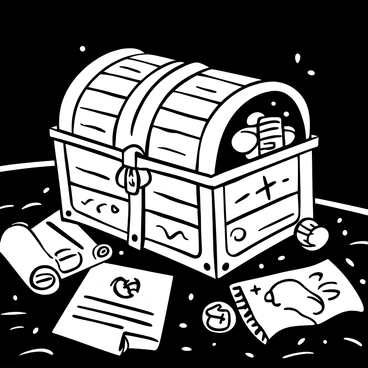 A chest bound in "golden metal" adorned with intricate "mystical symbols" etched across its surface. The chest is slightly ajar, revealing a glimpse of a soft, glowing light emanating from within. Surrounding the chest are scattered ancient scrolls and small, detailed maps, hinting at hidden treasures. The scene is set on a dark wooden table, adding a sense of mystery to the atmosphere.