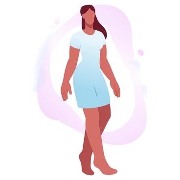 A croquis is standing with a graceful posture, showcasing a minimalist dress characterized by clean lines and a simple silhouette. The dress features a straight cut that falls elegantly to knee-length, accentuating the figure. The fabric appears smooth and lightweight, softly draping around the body. The color palette of the dress is in soft gradient pastel shades, blending seamlessly from one hue to another. The croquis has one hand resting at her side, and the other hand is softly placed on her hip, adding an element of poise to her stance. The background is a gentle swirl of pastel colors, creating a harmonious and calming atmosphere.