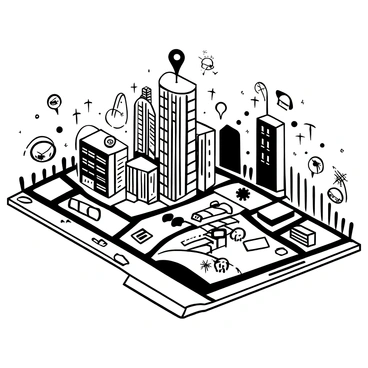 A detailed black-and-white illustration of a high-tech digital map of a smart city. The map showcases various sections of the city, including residential areas, commercial districts, and parks, all represented with intricate lines and symbols. Interactive elements are highlighted, such as buttons and touchpoints scattered across the map. Holographic details emerge from the map, displaying icons of vehicles, buildings, and data streams that represent connectivity. Skyscrapers and landmarks are illustrated in a stylized manner, enhancing the futuristic theme of the city.