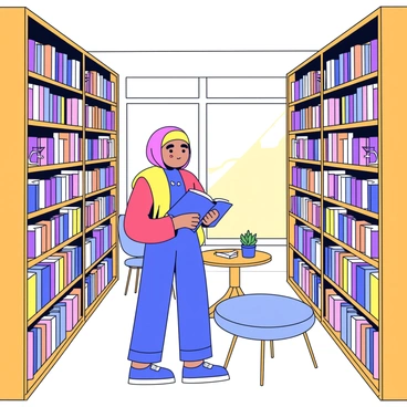 A girl wearing a colorful hijab is browsing through books in a quaint bookstore. She stands between tall wooden bookshelves filled with various books of different sizes and colors. The shelves are adorned with small decorative items like potted plants and picture frames. The girl has a thoughtful expression as she looks at the titles on the spines of the books. Soft, warm light filters through a large window, illuminating the cozy reading nook nearby, which has a small round table and a comfortable chair.