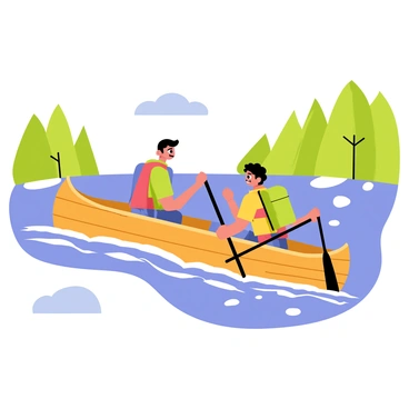 A wooden canoe carrying two hikers is gliding across a wide, fast-flowing river. The water is depicted with various shades of blue and white to show the current. One hiker is wearing a green backpack and a red life jacket, while the other has a yellow backpack and a blue life jacket. The background features lush green trees lining the riverbanks, and there are small rocks visible under the clear water. The sky above is a bright blue with a few fluffy white clouds.
