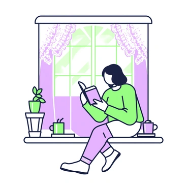 An individual is seated at a sunlit window seat, absorbed in reading a book. The person has medium-length hair and is wearing a cozy sweater. One leg is crossed over the other, while the open book rests on their lap. Sunlight streams through the window, casting gentle shadows on the floor. The window features delicate lace curtains, and a small potted plant sits on the sill. A mug filled with a warm beverage is placed on a nearby side table, adding to the inviting atmosphere.