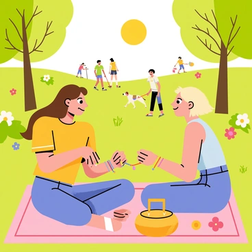 Two friends are sitting on a picnic blanket in a green park. One friend has long brown hair and is wearing a yellow t-shirt, while the other friend has short blonde hair and is dressed in a light blue tank top. They are focused on tying colorful friendship bracelets around each other's wrists. The bracelets are made of various vibrant beads and threads. Surrounding them are lush green trees and a few scattered flowers, adding lively colors to the scene. In the background, there are people enjoying the park, with some walking dogs and others playing frisbee. The sun is shining brightly, creating a cheerful atmosphere.