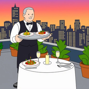 A male waiter with light skin is standing on a rooftop terrace, wearing a black vest over a white shirt. He has a neatly tied bow tie and is holding a silver tray with two elegant dinner plates. Each plate has a beautifully arranged meal, surrounded by vibrant garnishes. In the background, the city skyline is visible, featuring tall buildings with glowing windows and a colorful sunset. The rooftop has a small table set for two, adorned with a white tablecloth and a flickering candle in the center. There are two glasses filled with a sparkling drink beside each plate. Potted plants are arranged around the edges of the rooftop, adding greenery to the scene.