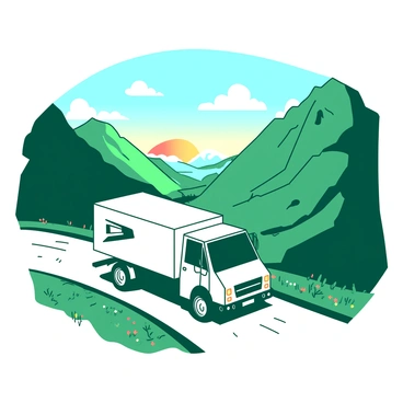 A white mail truck is navigating a winding mountain pass, surrounded by towering green mountains. The truck's headlights are on, illuminating the road ahead as it makes a sharp turn. In the background, there is a breathtaking view of the valley below, dotted with patches of colorful wildflowers. The sky is clear with a few fluffy white clouds drifting by, adding depth to the scene. The sun is setting, casting a warm light over the landscape, enhancing the details of the rocky terrain.