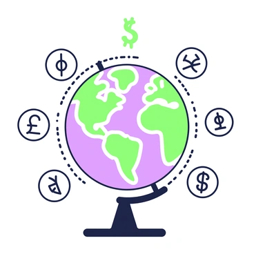 A globe is positioned prominently in the center of the image. It features outlines of continents and is resting on a sturdy base. Around the globe, various currency symbols are arranged in a circular fashion, each symbol distinct and easily recognizable. These symbols include the dollar sign, euro sign, pound sign, and yen sign, all evenly spaced to represent the concept of global trade. The background is minimalist to keep the focus on the globe and the currency symbols.