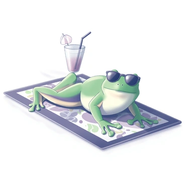 A green frog is lounging on a brightly patterned beach towel spread out on the sand. The frog is wearing stylish sunglasses perched on its snout. Beside the frog, there is a refreshing drink in a glass, complete with a straw and a small umbrella for decoration. The towel features vibrant designs, enhancing the beach atmosphere. The frog appears relaxed, with its limbs sprawled comfortably on the towel.