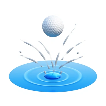 A golf ball mid-air, just above the surface of a pond. The ball is white with dimples, reflecting the sunlight. Below, the calm water is clear and still, with a slight reflection of surrounding trees and sky. As the golf ball makes contact with the water, it creates splashes that send droplets flying in all directions. The impact generates concentric ripples that spread outward, disturbing the serene surface of the pond.