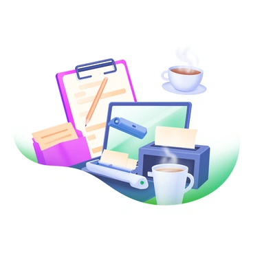 A modern pastel illustration featuring a collection of minimalist icons. The set includes a "notepad" with a pencil, a "laptop" with a visible screen, a "printer" with paper coming out, a "stapler" beside a stack of papers, and a "coffee cup" emitting steam. Each icon is designed in soft pastel colors and arranged harmoniously on a light background.