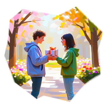 Two friends, one with curly brown hair and wearing a blue jacket, and the other with straight black hair and dressed in a green sweater, are standing in a vibrant park filled with blooming flowers and lush greenery. They are facing each other with bright smiles as they exchange parcels wrapped in colorful paper. The background includes trees with leafy branches and scattered colorful flowerbeds, adding to the cheerful atmosphere of the scene. Sunlight filters through the leaves, creating dappled patterns on the ground.