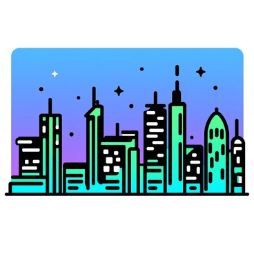 A vibrant city skyline filled with various tall buildings, each uniquely shaped. The sky is transitioning to dusk, showcasing deep blue and purple hues. Emerald lights are illuminating the sides of the buildings, casting a green glow. Some windows of the buildings are lit, adding to the lively atmosphere. The overall scene conveys a sense of urban energy as the city prepares for the night.