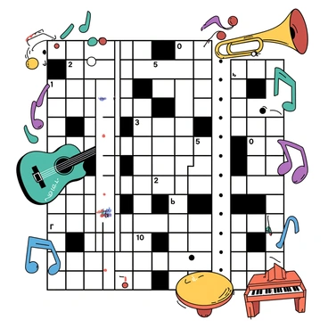 A duotone crossword grid is displayed, with black squares creating a pattern across the grid structure. Each clue is represented by colorful musical notes, including quarter notes and eighth notes, arranged around the grid. Various musical instruments, such as a teal guitar, a yellow trumpet, and an orange piano, are positioned at the corners and edges of the grid. Some notes are connected by flowing lines, adding a dynamic feel to the composition. The grid itself has a subtle texture, enhancing the overall visual interest of the image.