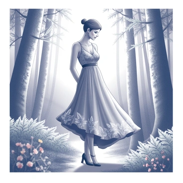 A model stands elegantly in a lush, green forest. The model is wearing clothing crafted from sustainable materials, featuring a flowing dress with natural textures. The dress has intricate details, such as leaf patterns and organic shapes, complementing the environment. Sunlight filters through the trees, creating a soft dappled effect on the ground. Ferns and wildflowers surround the model, enhancing the natural ambiance of the scene. The overall composition reflects harmony between fashion and nature.