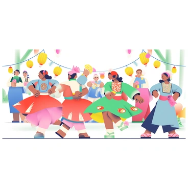 A group of dancers is performing in a vibrant cultural dance performance in Beijing. They are dressed in colorful traditional costumes, featuring intricate patterns and bright hues of red, blue, green, and yellow. The dancers are moving gracefully in synchronized formations, with some twirling and others holding props like fans and ribbons. In the background, there are decorative lanterns hanging from the trees, and onlookers are gathered around, watching the performance with expressions of joy and excitement. The stage is adorned with banners and flowers, creating a festive atmosphere.