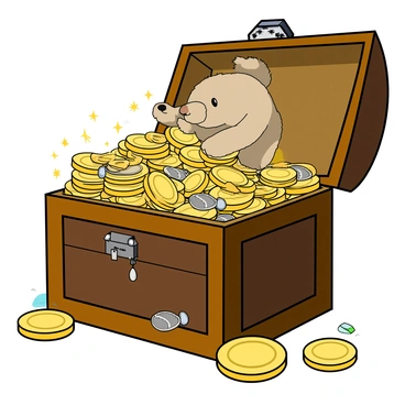 A small, cheeky niffler with soft, fluffy fur and a long nose is energetically rummaging through a large treasure chest filled with shiny gold and silver coins. The treasure chest is made of dark wood and is slightly open, revealing the glint of the coins piled high inside. The niffler's eyes are bright and curious as it digs through the coins, scattering some of them around. The shiny coins reflect light, creating a sparkling effect against the niffler's fur. The background features hints of other treasures, like a few gemstones and ornate jewelry peeking out from the chest.